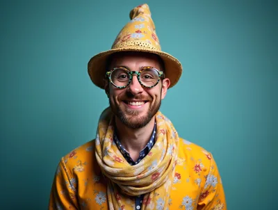 Portrait Of A Man Wearing A Floral Hat And Scarf