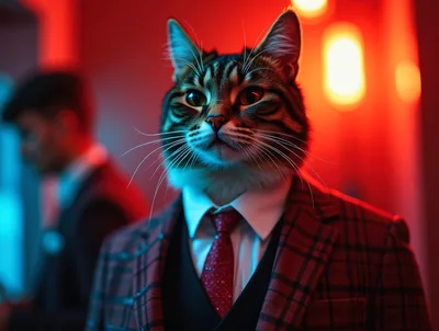 Anthropomorphic Cat Wearing A Formal Plaid Suit