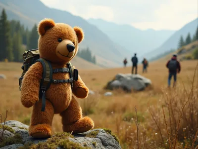 Teddy Bear Hiking Through A Mountain Valley