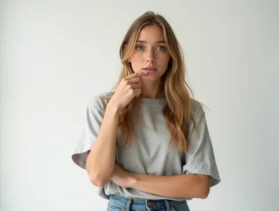 Young Woman Posing Thoughtfully Against A Plain Background