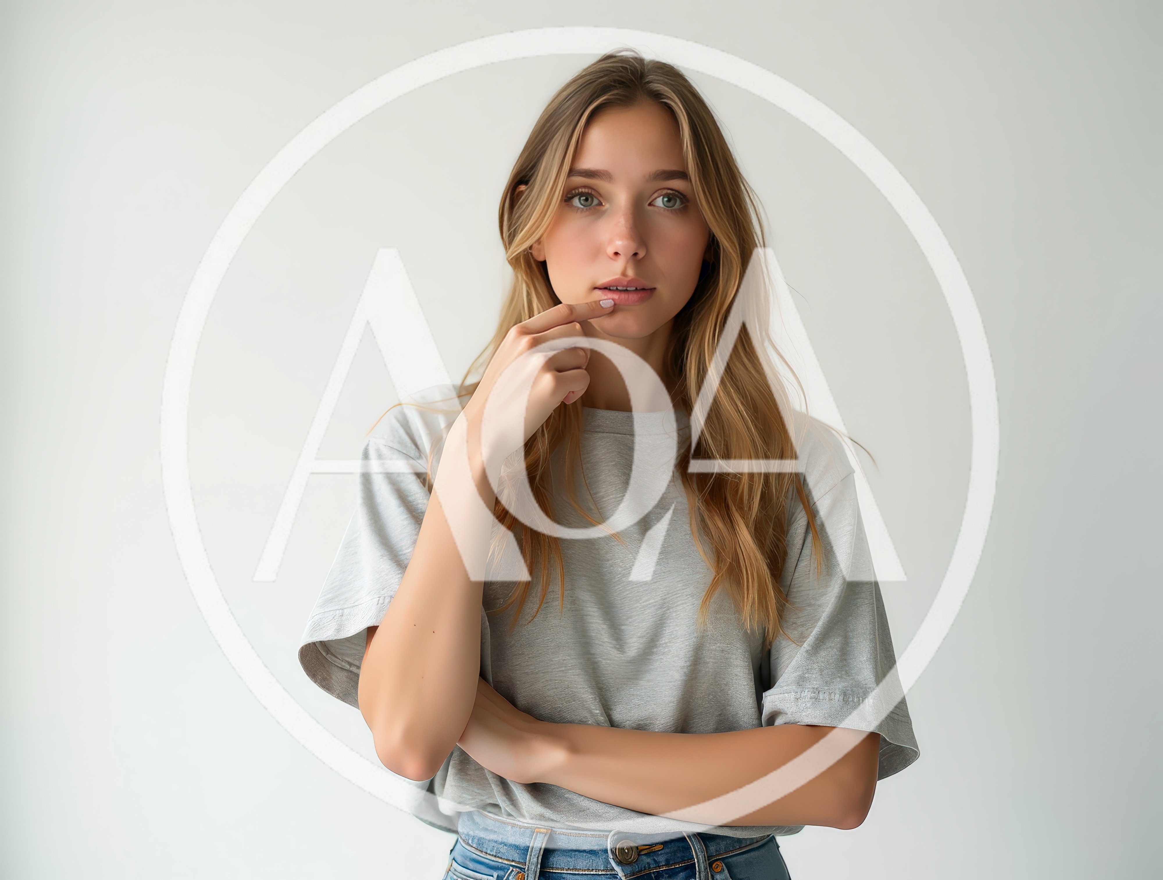 Young Woman Posing Thoughtfully Against A Plain Background