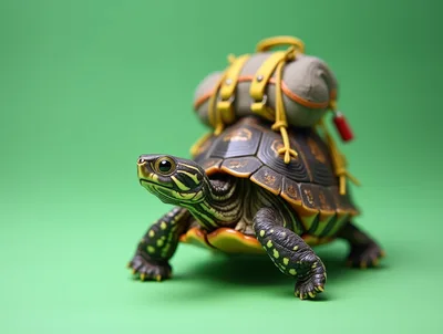 Small Turtle Carrying A Backpack On Green Background