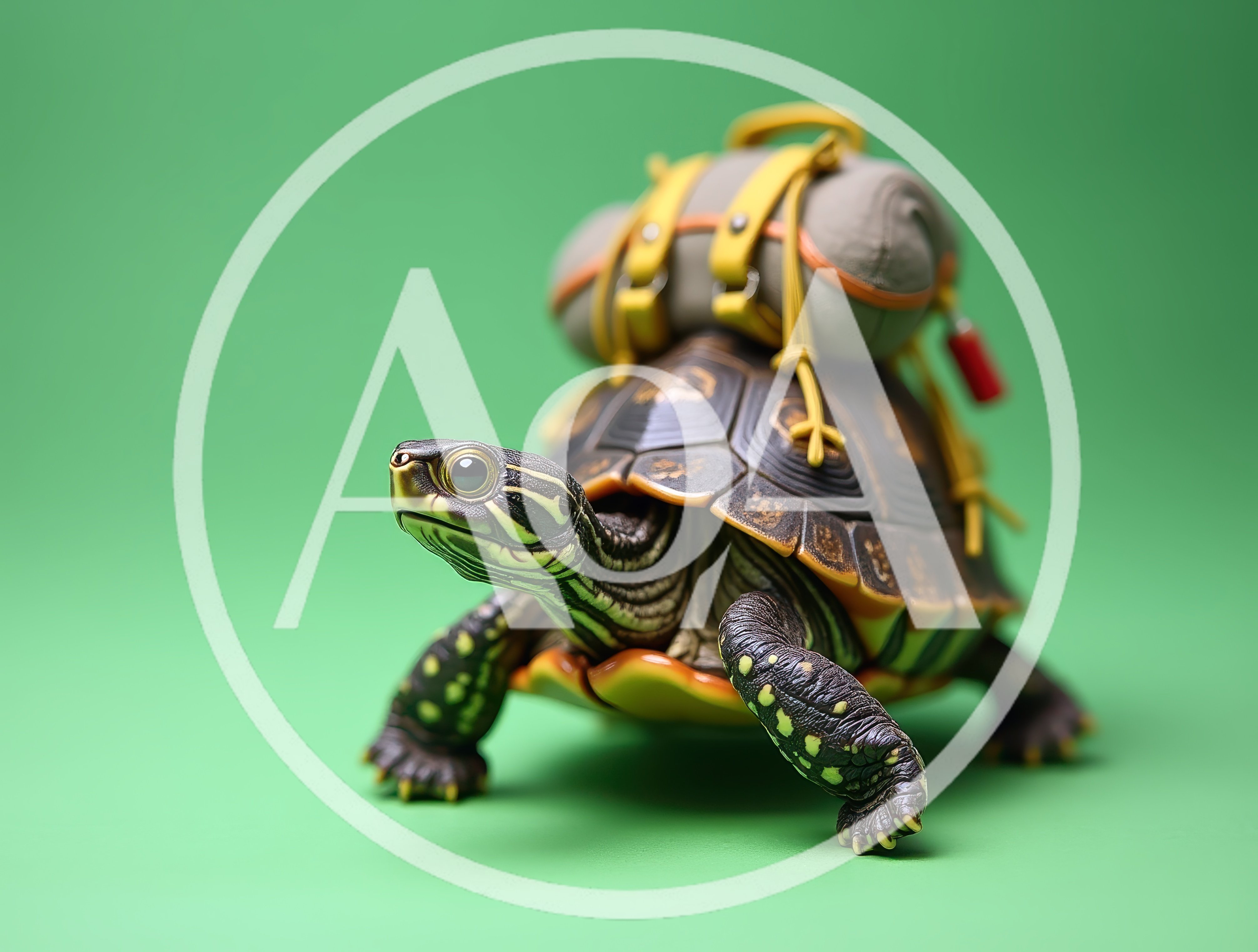 Small Turtle Carrying A Backpack On Green Background