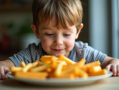 Young Boy Looking At A Plate Of French Fries