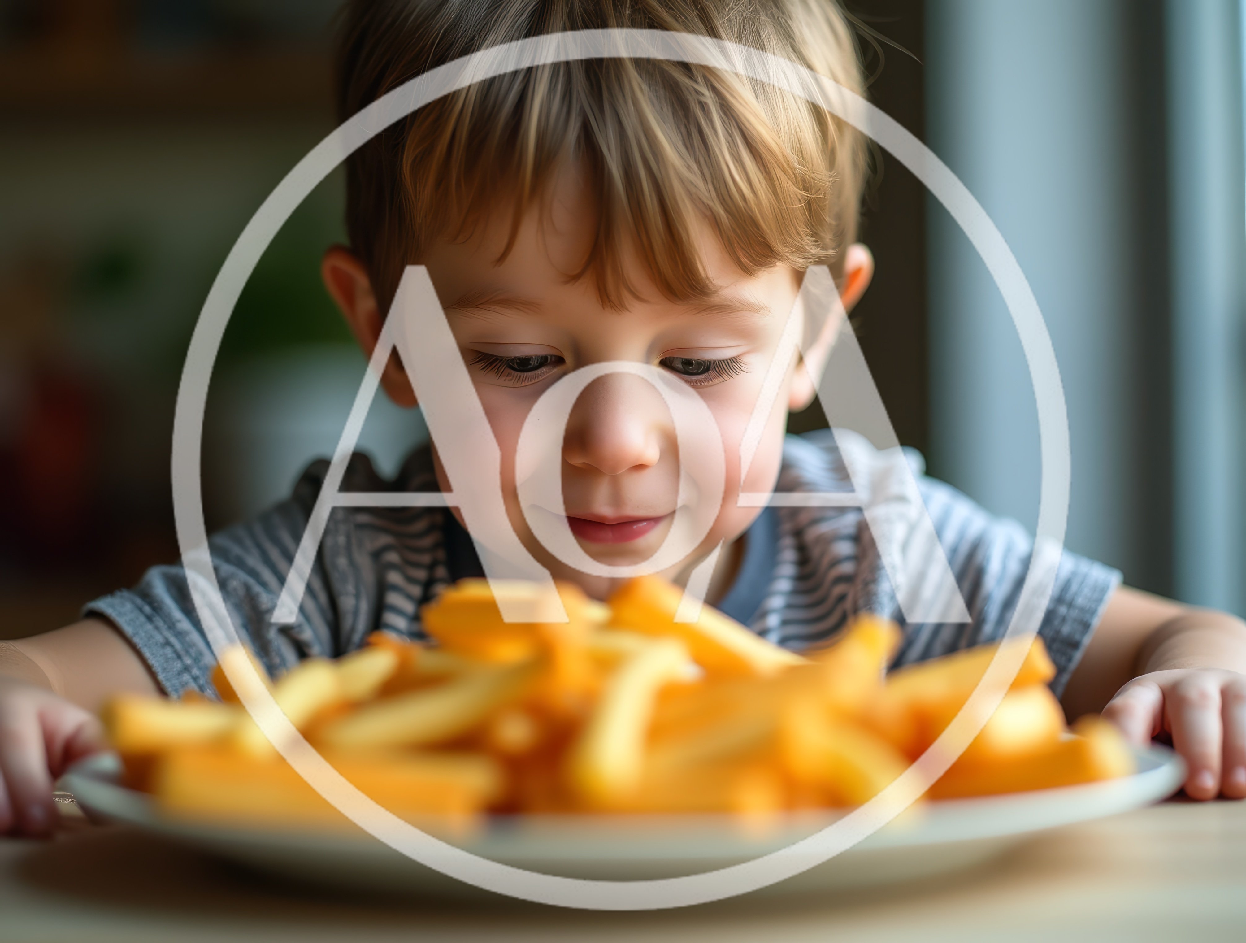 Young Boy Looking At A Plate Of French Fries