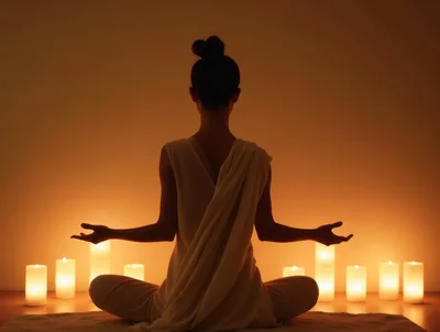 Woman Meditating In Lotus Position Surrounded By Candles