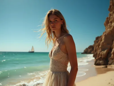 Young Woman In Lace Dress Standing On Sunny Beach