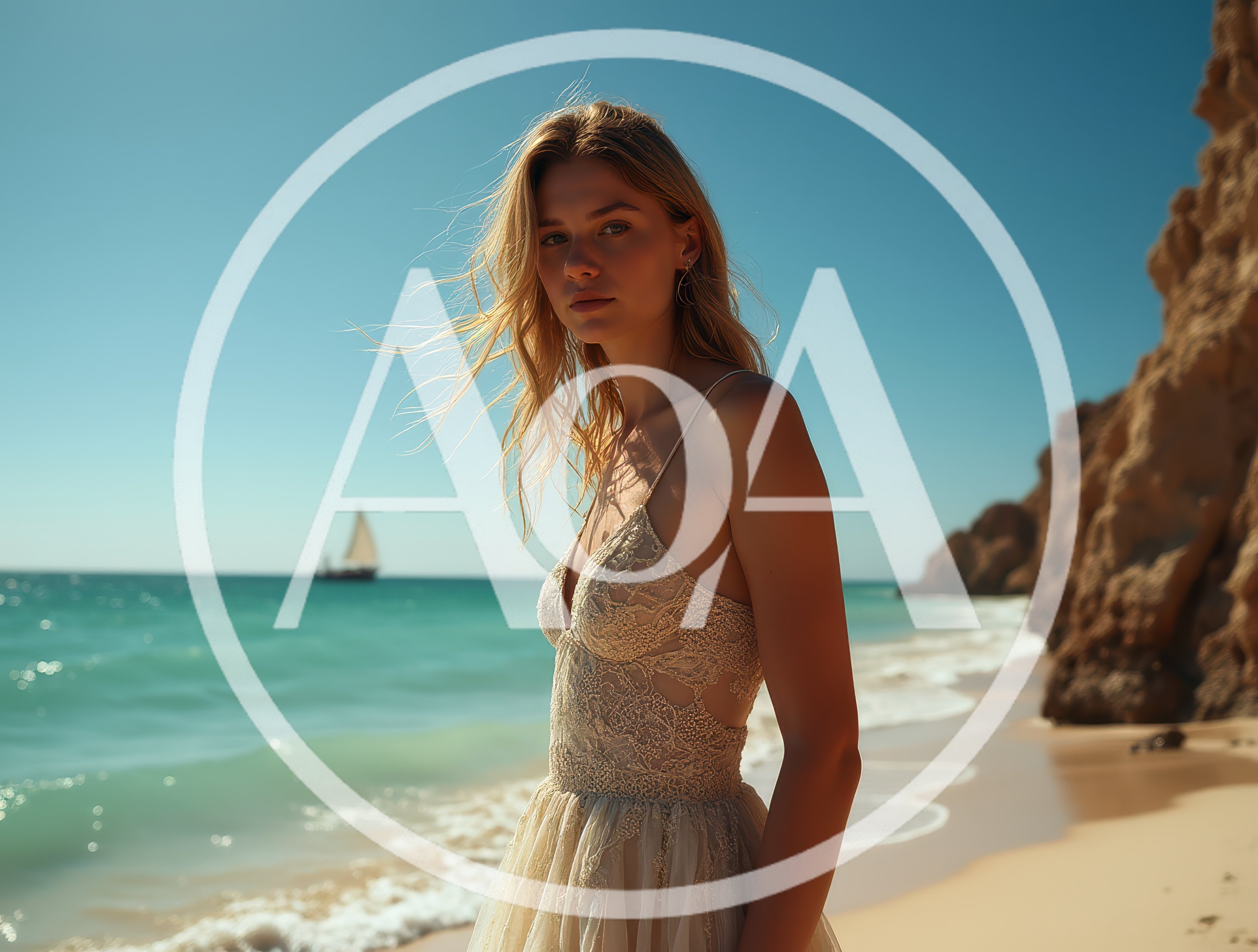 Young Woman In Lace Dress Standing On Sunny Beach