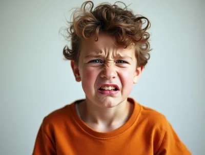 Young Boy Making A Frustrated And Angry Facial Expression