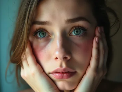 Close Up Portrait Of A Young Woman With Hands On Face