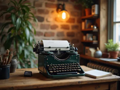 Vintage Green Typewriter On A Wooden Desk