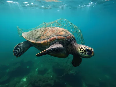 Sea Turtle Entangled In Discarded Fishing Net