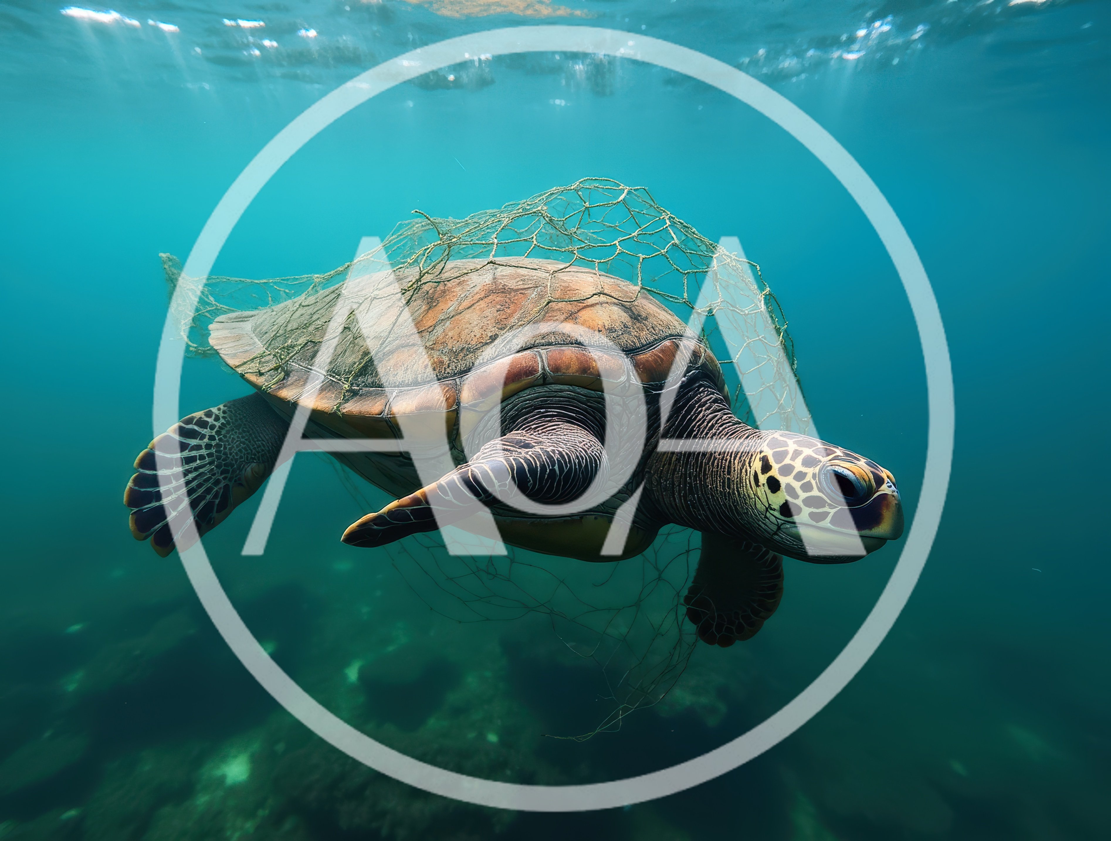 Sea Turtle Entangled In Discarded Fishing Net