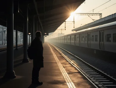 Man Standing Alone on Train Platform at Sunset