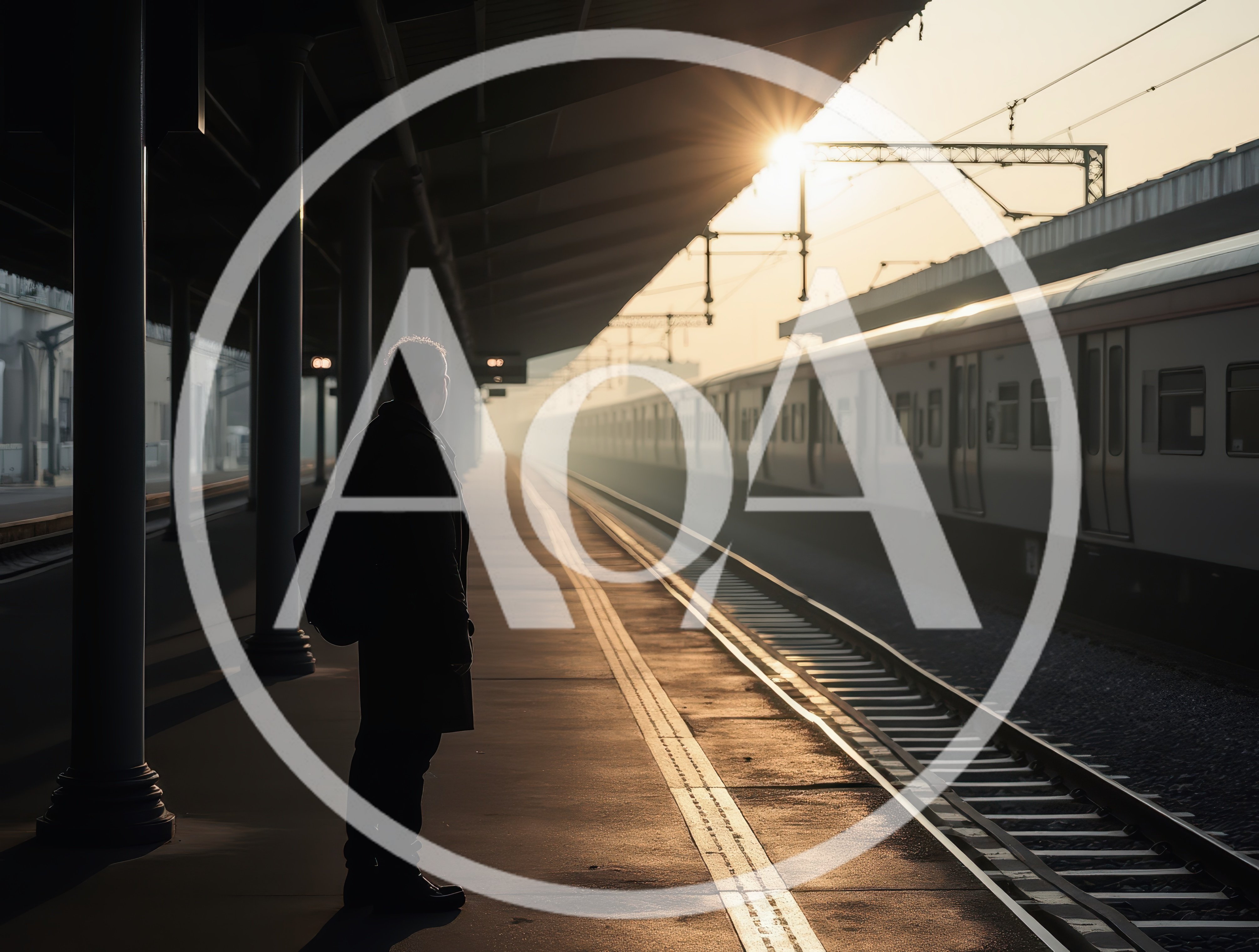 Man Standing Alone on Train Platform at Sunset