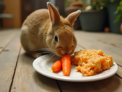 Cute Brown Rabbit Eating Carrots On A Plate