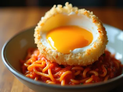 Breaded Fried Egg Served Over Tomato Pasta