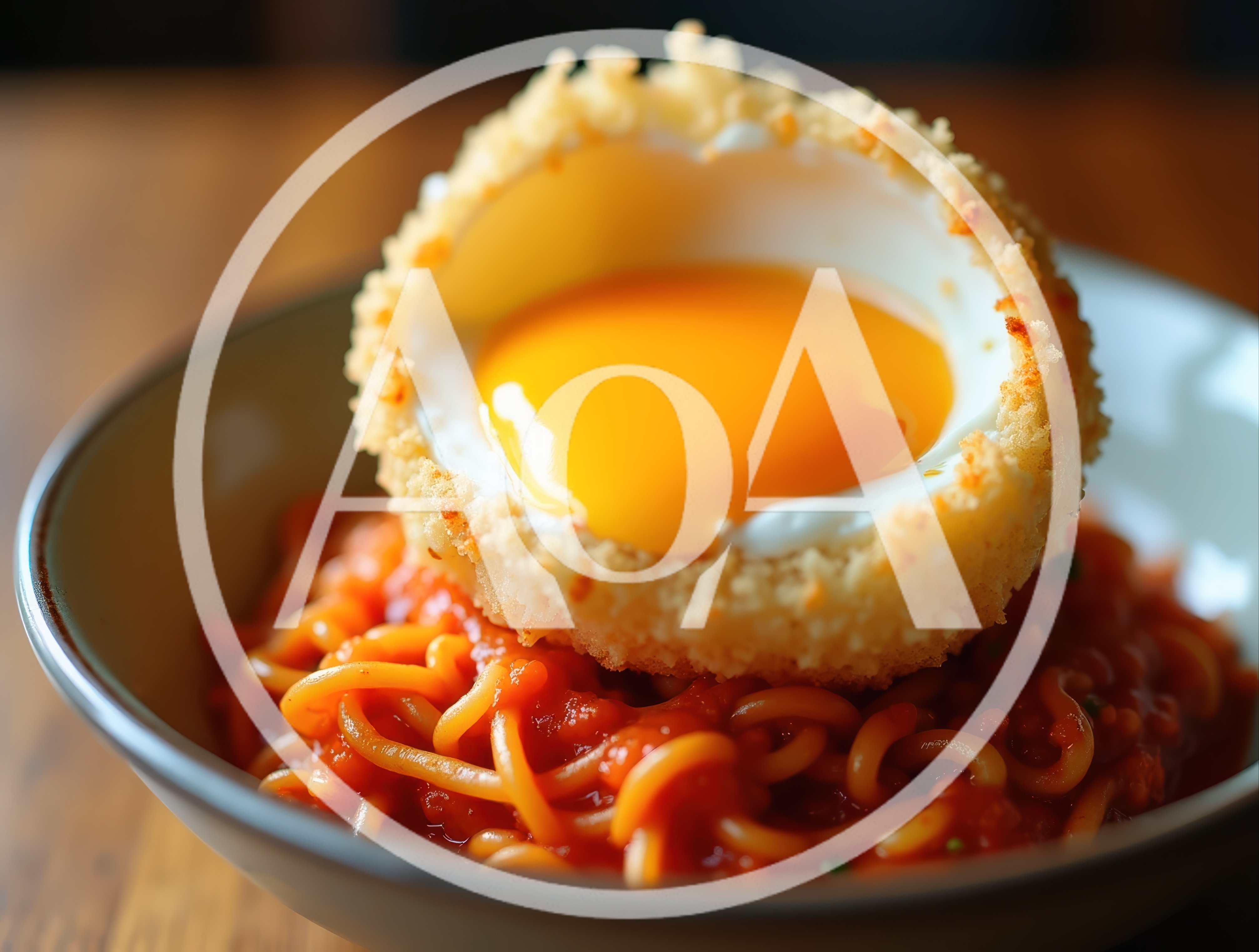 Breaded Fried Egg Served Over Tomato Pasta