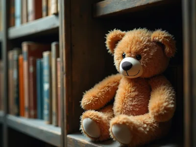 Fluffy Brown Teddy Bear Sitting On A Bookshelf
