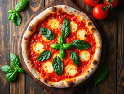 Fresh Margherita Pizza On A Wooden Serving Board