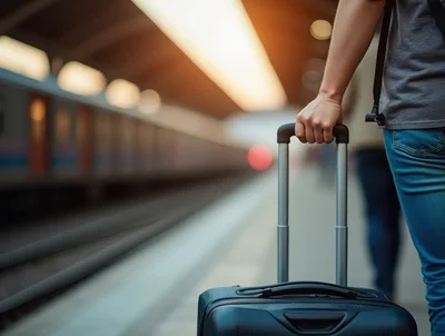Traveler Holding Suitcase At A Train Station Platform