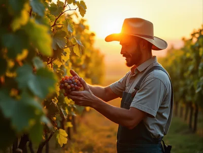 Vintner Harvesting Ripe Grapes In A Sunny Vineyard