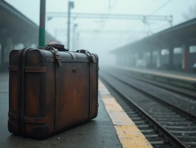Vintage Leather Suitcase Standing On A Foggy Train Platform
