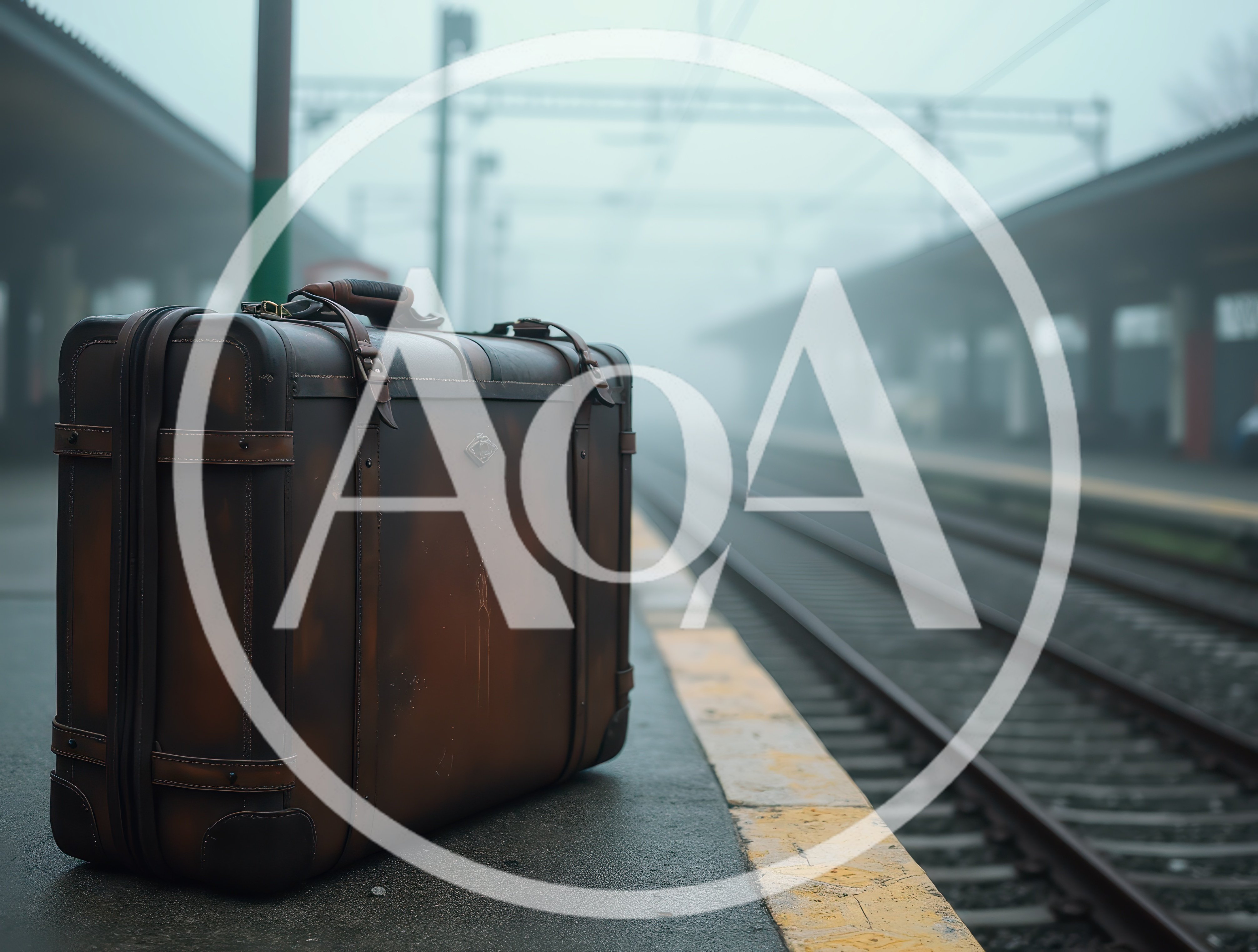 Vintage Leather Suitcase Standing On A Foggy Train Platform