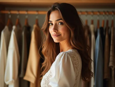 Beautiful Woman Looking Over Shoulder In A Clothing Closet