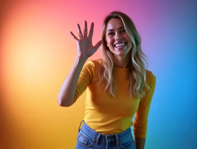 Happy Young Woman Waving Hello Against Colorful Background