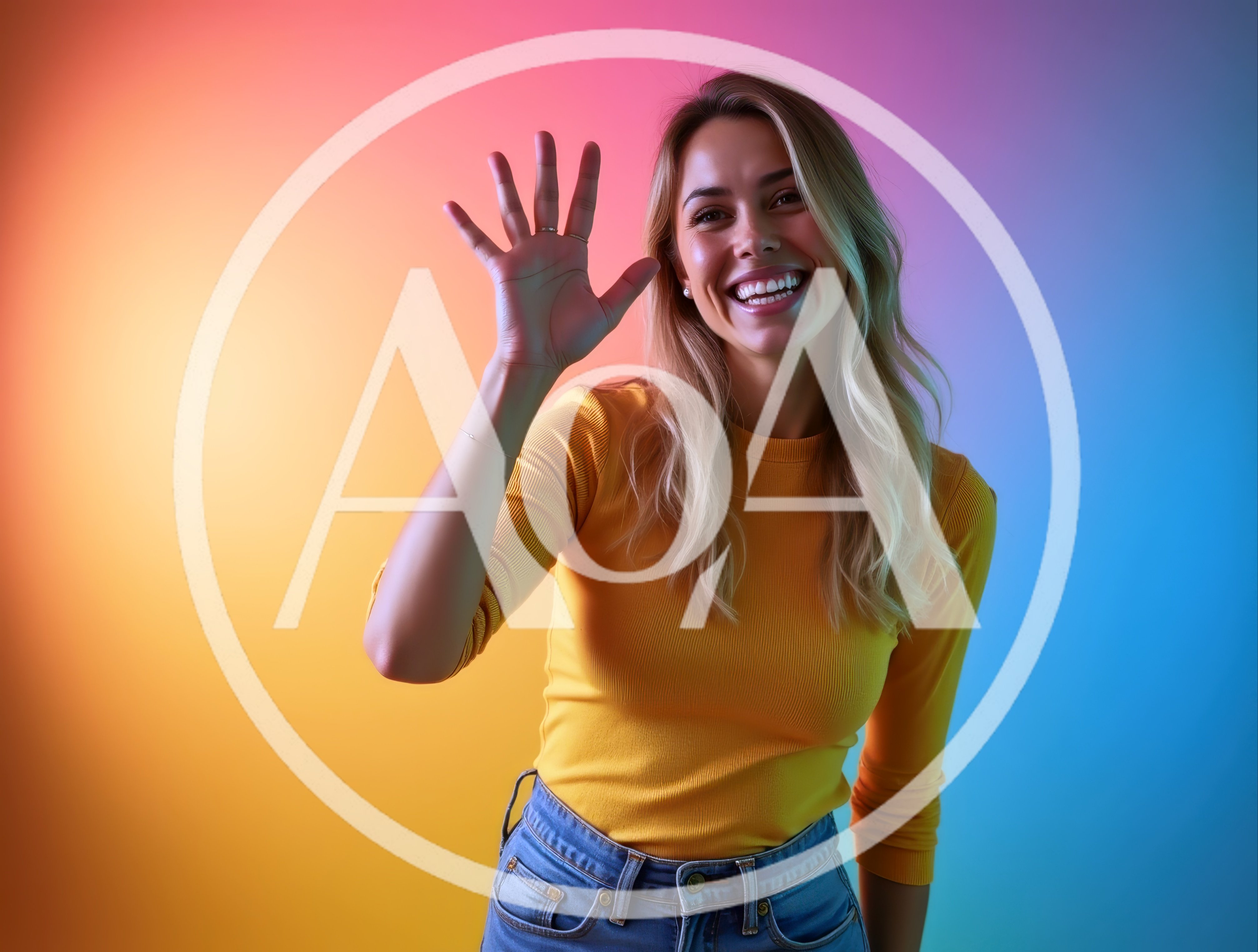 Happy Young Woman Waving Hello Against Colorful Background