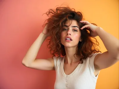 Young Woman With Curly Hair Posing Against Gradient Background