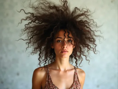 Portrait Of A Young Woman With Voluminous Curly Hair