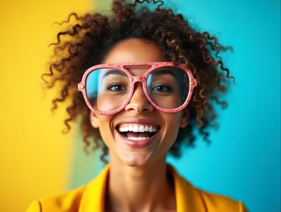 Smiling Woman Wearing Oversized Pink Glasses