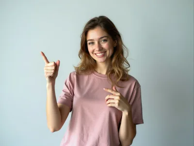Young Woman Pointing Upwards Against A Plain Background