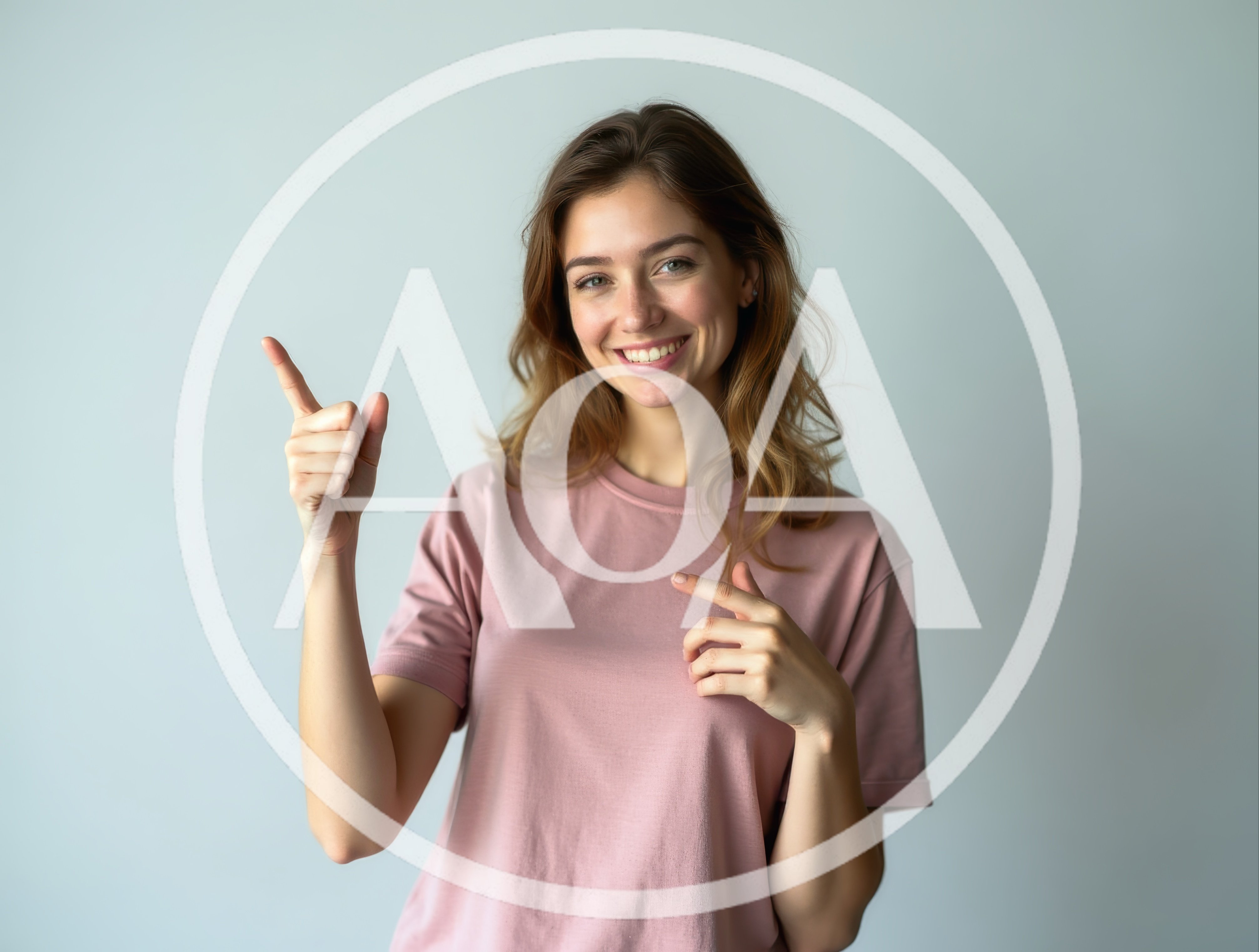 Young Woman Pointing Upwards Against A Plain Background