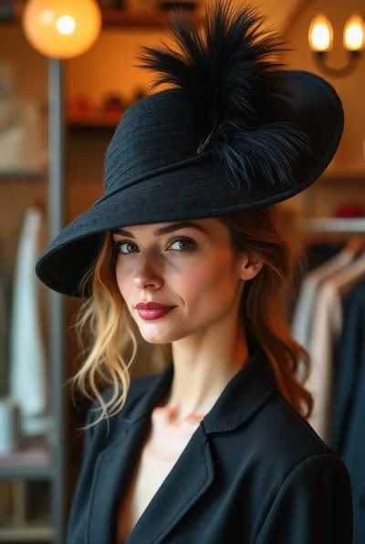Elegant Woman Wearing A Black Hat In A Boutique