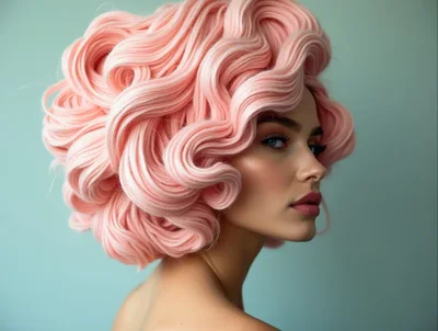 Portrait Of A Woman With Voluminous Pink Wavy Hair