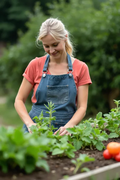 Woman Gardening In A Raised Vegetable Bed