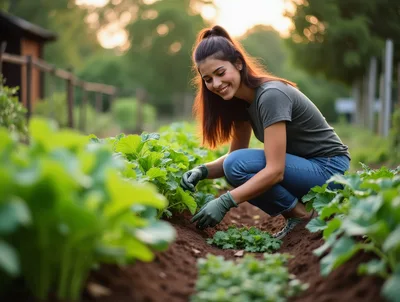 Young Woman Gardening In A Sunny Vegetable Patch