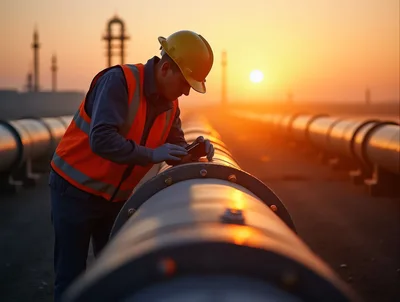Industrial Engineer Inspecting Pipeline At Sunset