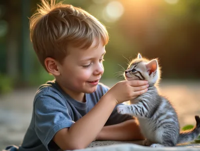 Young Boy Gently Petting A Small Tabby Kitten