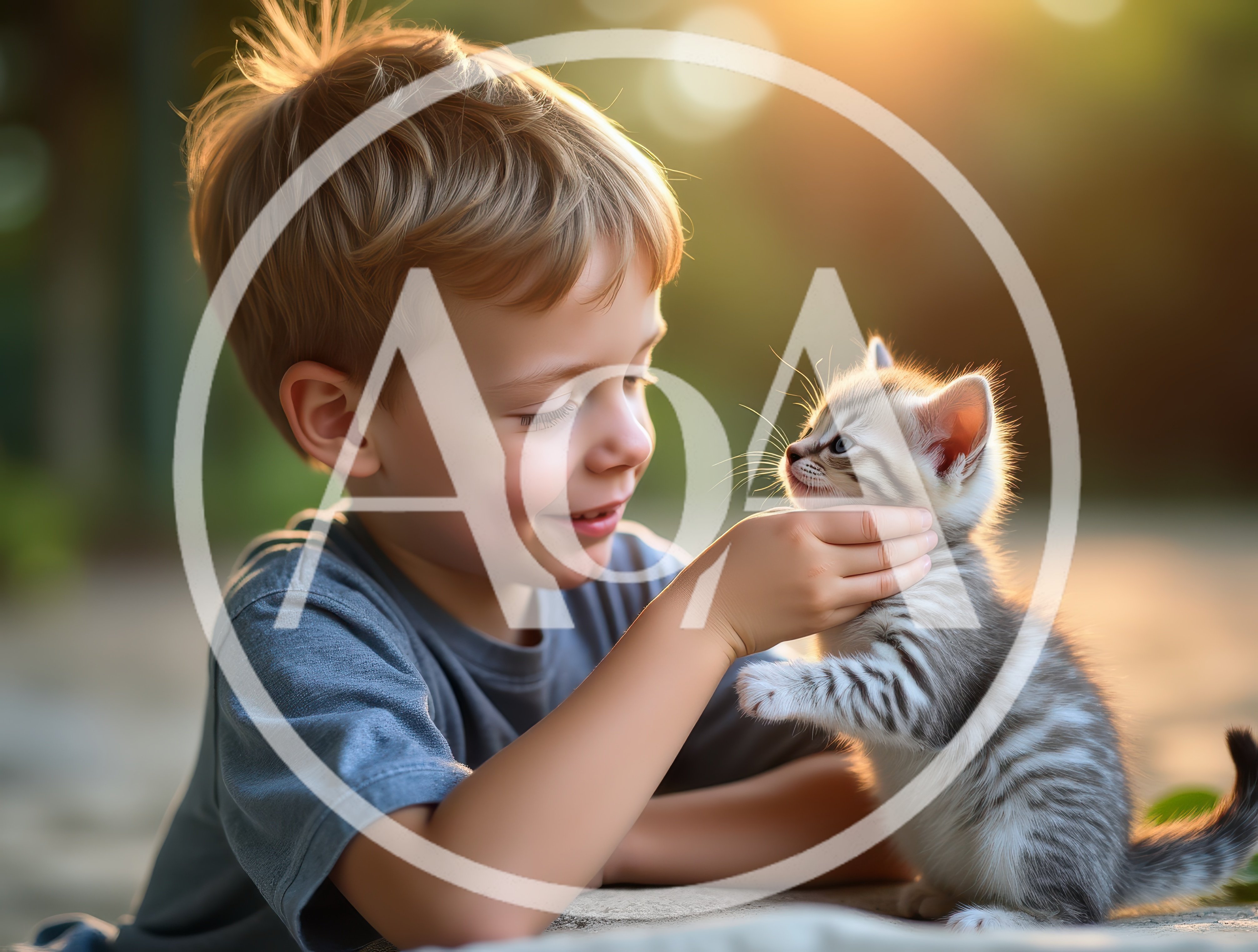 Young Boy Gently Petting A Small Tabby Kitten