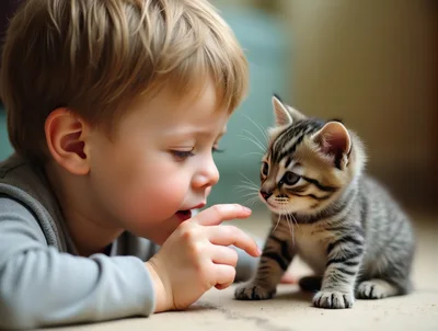 Young Boy Interacting With A Cute Tabby Kitten