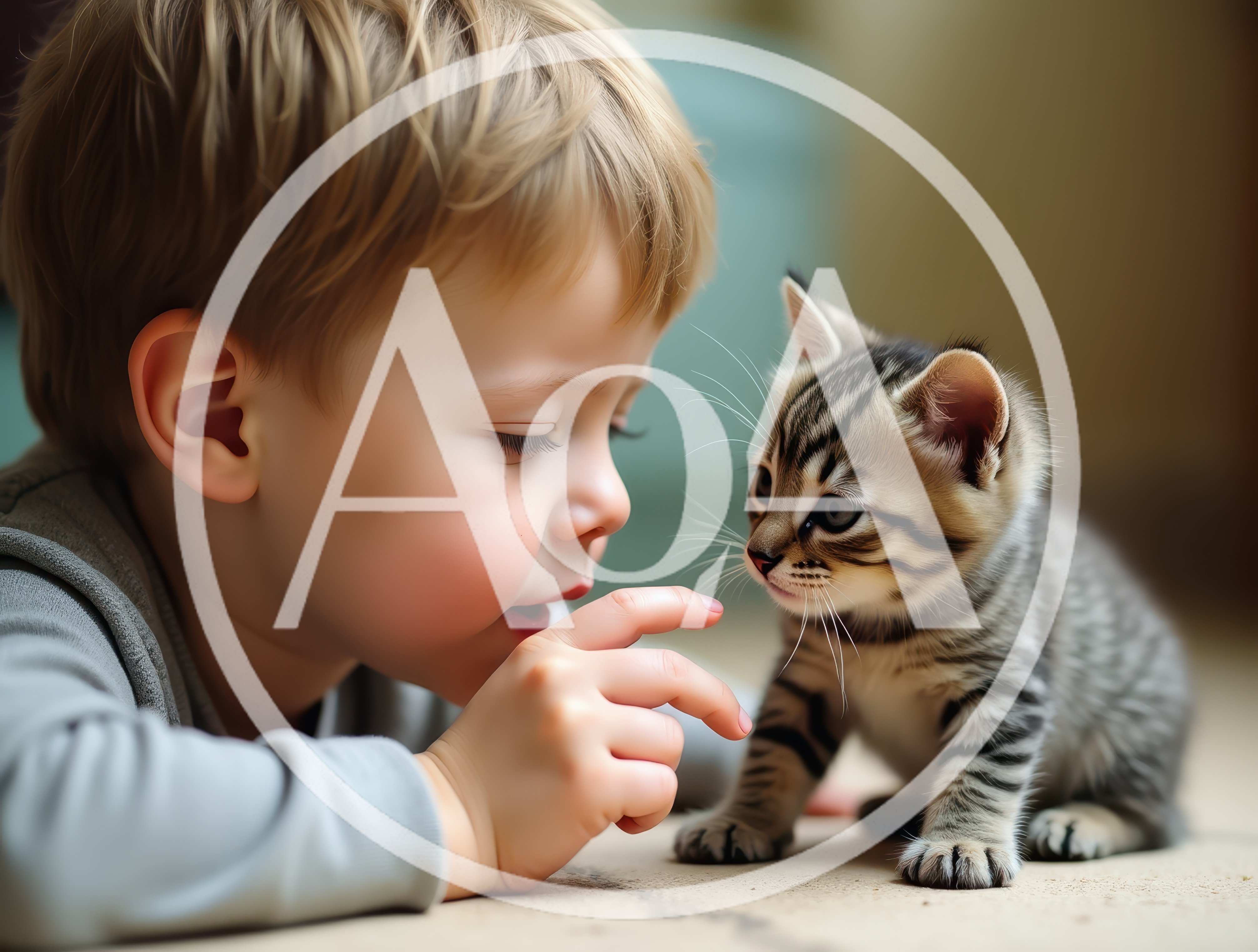 Young Boy Interacting With A Cute Tabby Kitten