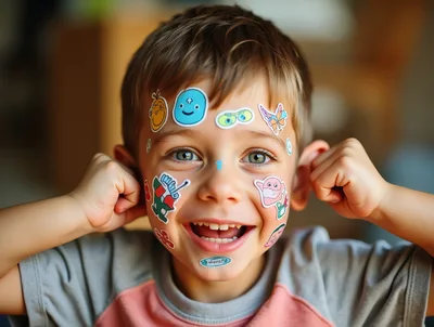 Happy Young Boy With Colorful Stickers On Face