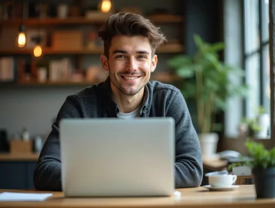 Young Man Working On Laptop In Cozy Cafe