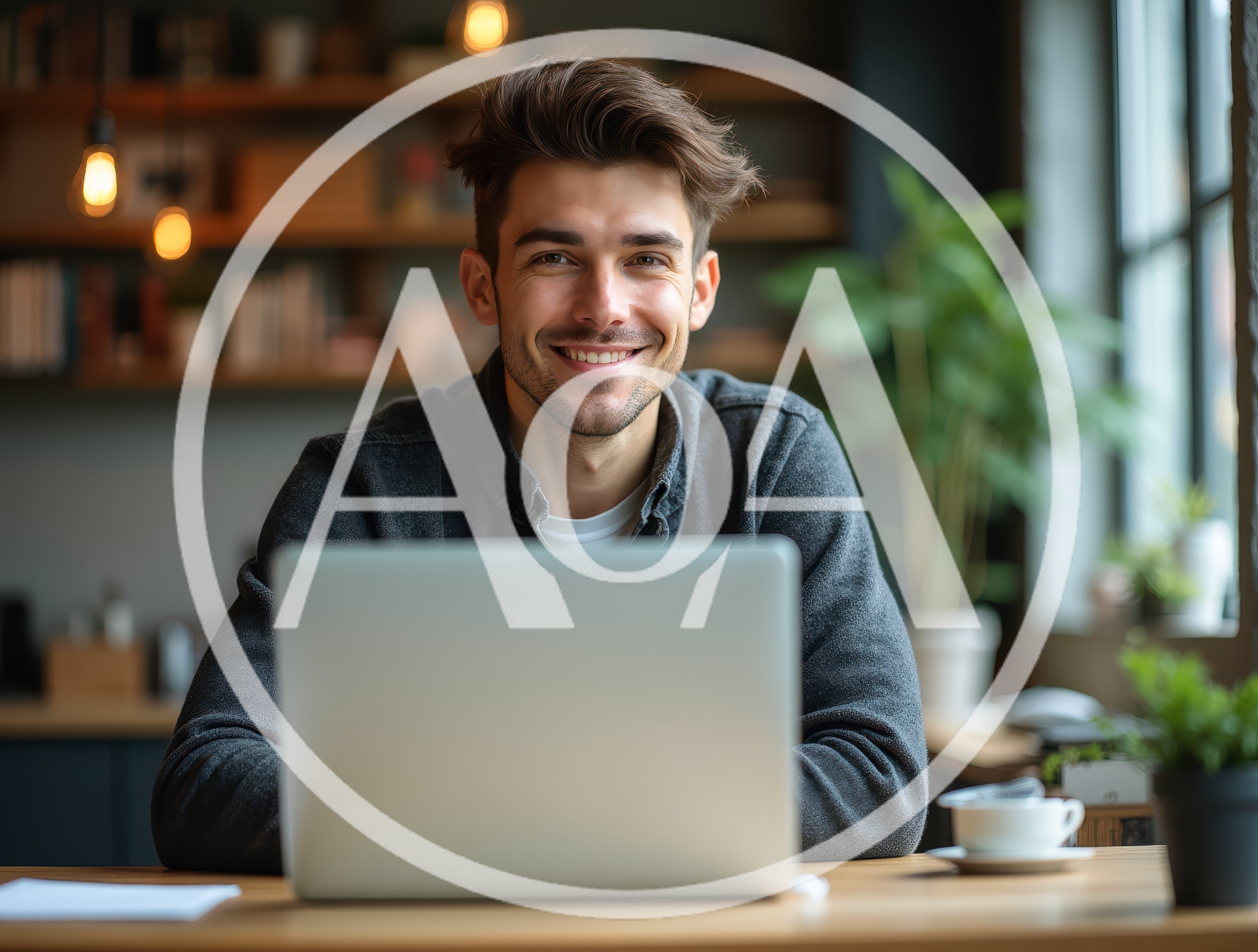 Young Man Working On Laptop In Cozy Cafe