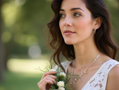 Beautiful Young Woman Holding Small White Rose Bouquet
