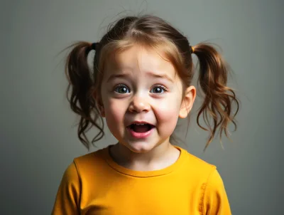 Surprised Little Girl With Pigtails Looking At Camera